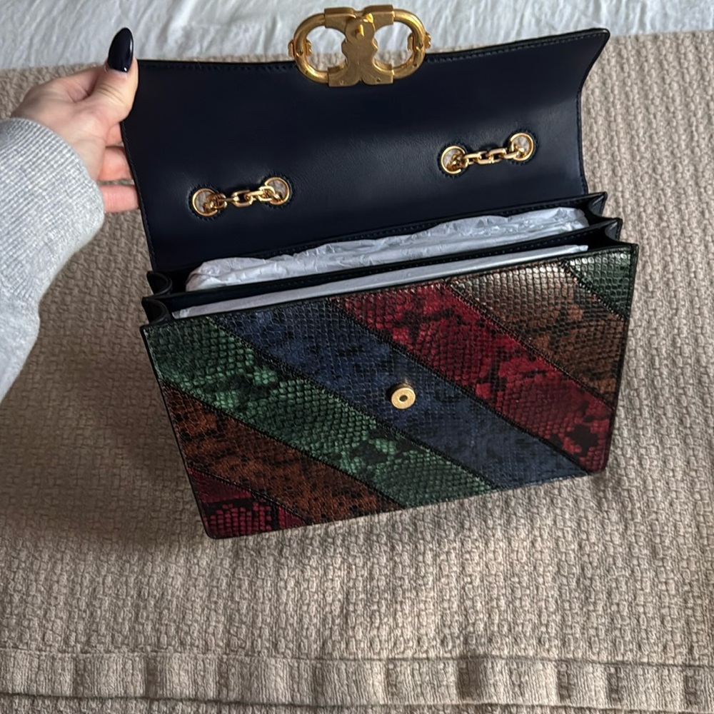 Authentic Tory Burch Multicolor Snake Print Handbag with Gold Chain - Like New - Picture 4 of 4
